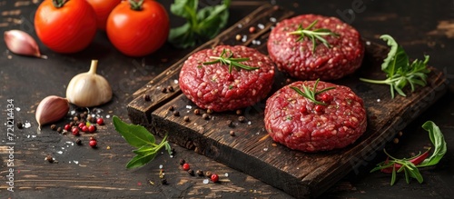 Ready-to-prepare rustic table with organic raw ground beef and burger steak cutlets.