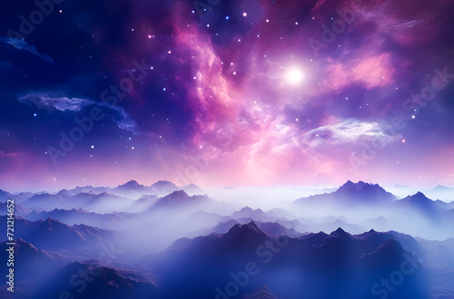 Fantasy alien planet. Mountain and nebula. 3D illustration © Iwankrwn