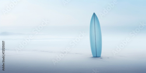 Surf board stand in a white beach sand on a sea coast. White mist, loneliness concept. Generative AI © AngrySun