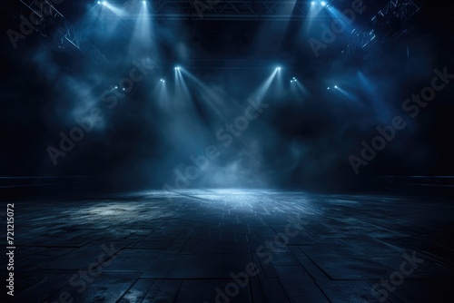 Abstract dark studio room with blue neon searchlight and product showcase spotlight.