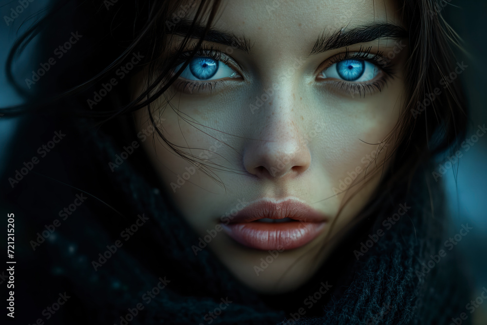 Close-up portrait of a woman in a scarf and hat with beautiful blue eyes Close-up portrait of a woman in a scarf and hat with beautiful blue eyes