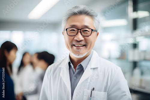 old chinese man scientist with folded arms wearing white coat