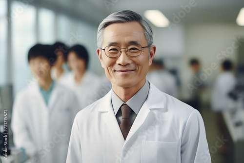 old chinese man scientist with folded arms wearing white coat