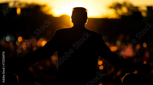 Silhouette of a presidential candidate speaking to a crowd at a rally. Concept of elections, democracy and political issues. Shallow field of view.