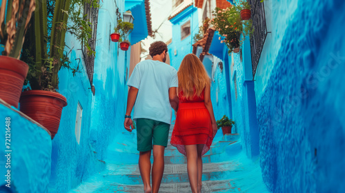 Couple exploring Chefchaouen's blue streets in Morocco, travel and world exploration concept.  © henjon