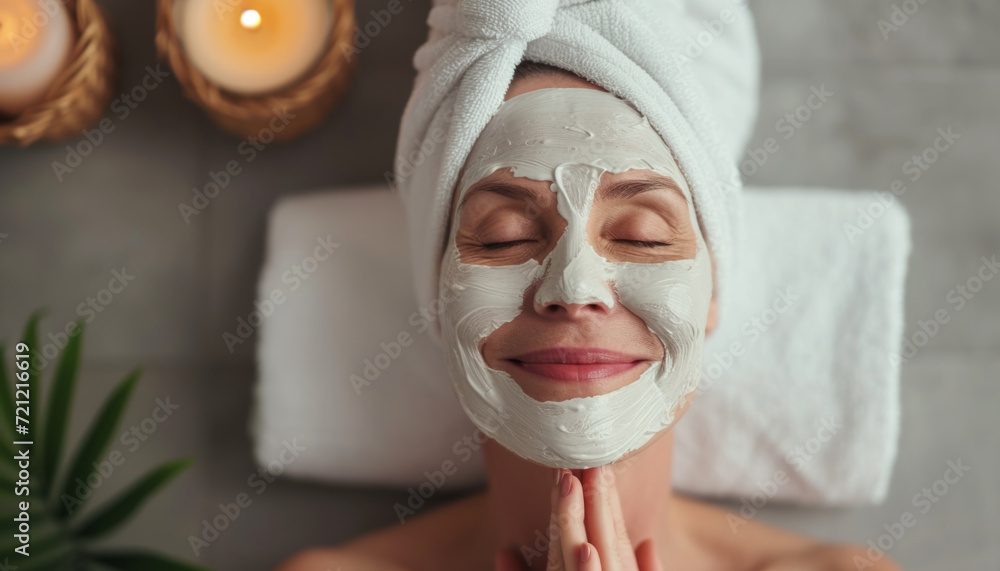 Woman in a spa beauty salon with anti-aging cream on her face. Woman in a spa beauty salon with anti-aging cream on her face.