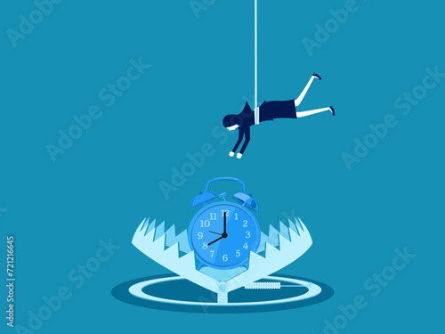 Time trap. Businesswoman picks watch in a trap. Vector