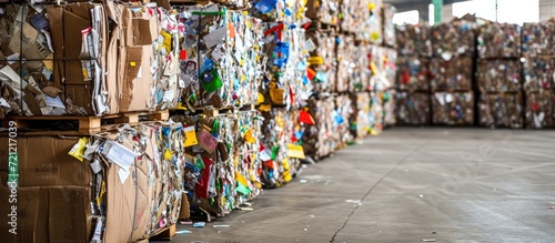 Recycled paper bales with cardboard packaging at a waste management facility.