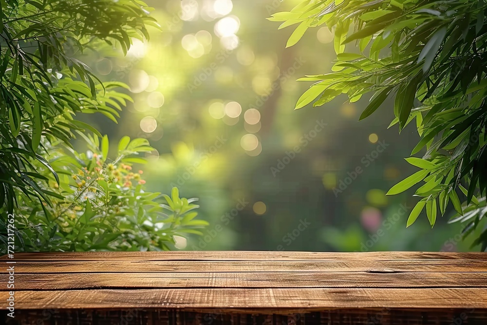 Rustic wooden table amidst nature serene setting for summer embrace. Green leaves in spring light background blurring into sun kissed forest. Bright fresh mornings on blank tabletop garden beauty Rustic wooden table amidst nature serene setting for summer embrace. Green leaves in spring light background blurring into sun kissed forest. Bright fresh mornings on blank tabletop garden beauty