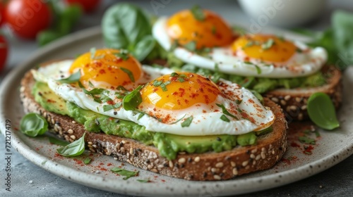 Avocado Toast with Poached Egg, A trendy and healthy breakfast option featuring perfectly poached eggs on avocado toast