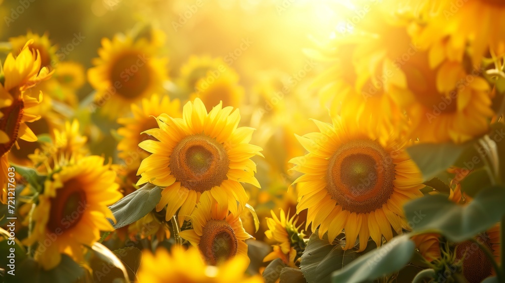 Obraz premium A field of blooming sunflowers A beautiful sunset over big golden sunflower field in the countryside Sunflowers are growing in the evening field. Atmospheric summer wallpaper, space for text