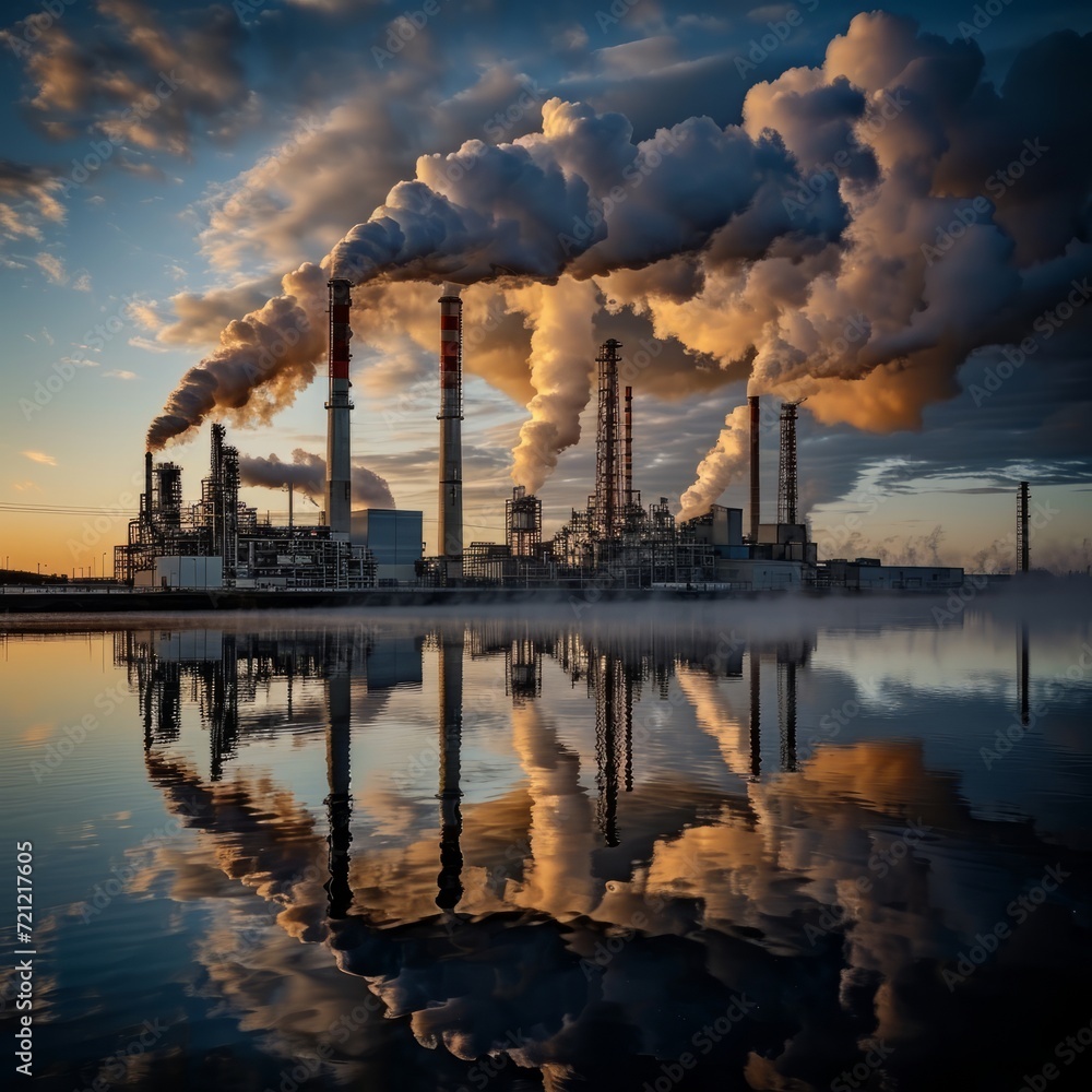 Power plant with smoking chimneys at night. Toned image. Clean energy plant against a backdrop of industrial smokestacks emitting greenhouse gases. 