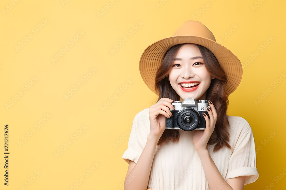 Happy smiling young asian woman tourist in summer hat