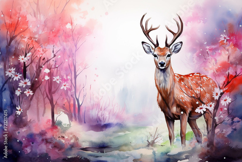 Deer roam in the forest Magnificent scene of natural beauty created in watercolor.