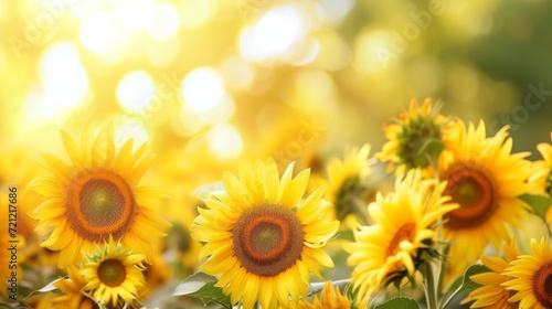 A field of blooming sunflowers A beautiful sunset over big golden sunflower field in the countryside Sunflowers are growing in the evening field. Atmospheric summer wallpaper  space for text