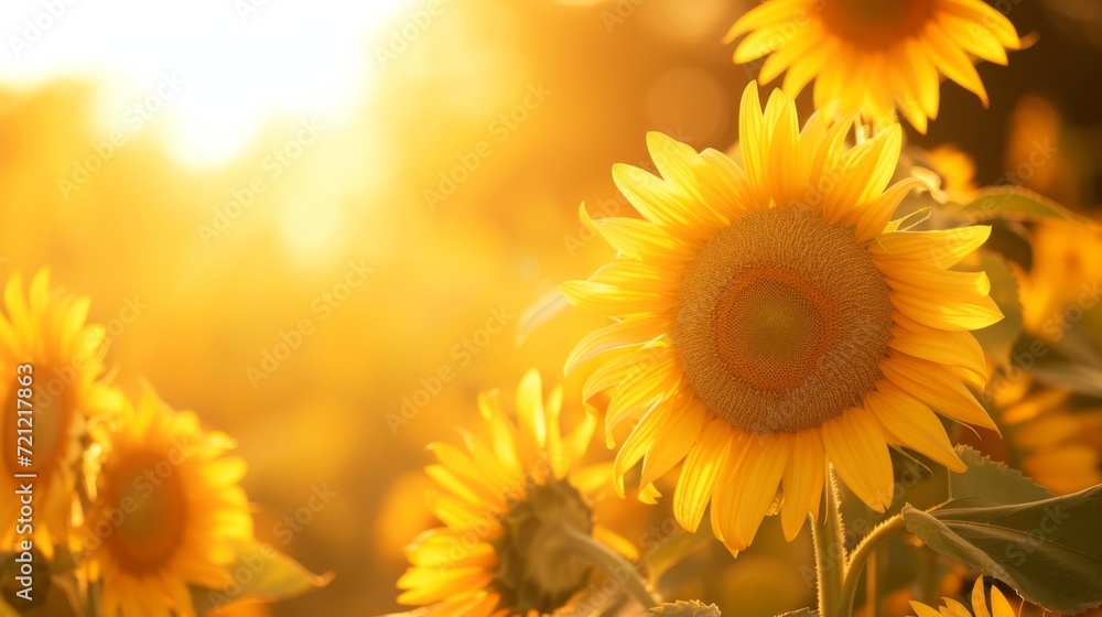 A field of blooming sunflowers A beautiful sunset over big golden sunflower field in the countryside Sunflowers are growing in the evening field. Atmospheric summer wallpaper, space for text