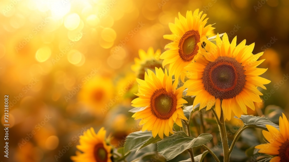 A field of blooming sunflowers A beautiful sunset over big golden sunflower field in the countryside Sunflowers are growing in the evening field. Atmospheric summer wallpaper, space for text A field of blooming sunflowers A beautiful sunset over big golden sunflower field in the countryside Sunflowers are growing in the evening field. Atmospheric summer wallpaper, space for text