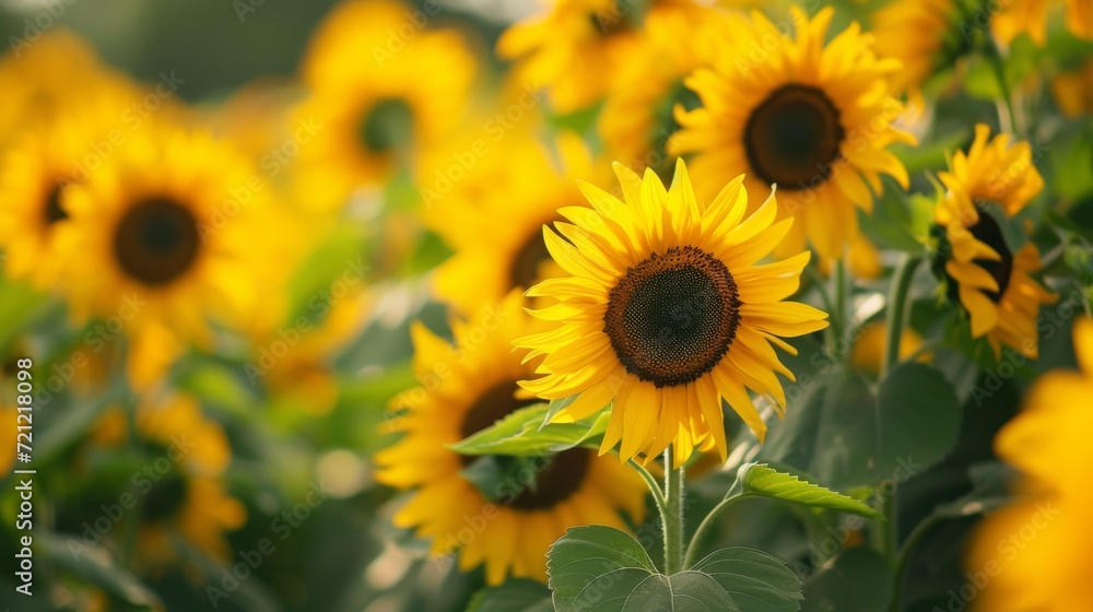 A field of blooming sunflowers A beautiful sunset over big golden sunflower field in the countryside Sunflowers are growing in the evening field. Atmospheric summer wallpaper, space for text