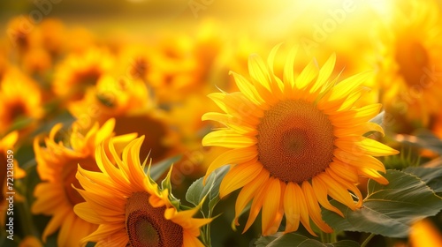 A field of blooming sunflowers A beautiful sunset over big golden sunflower field in the countryside Sunflowers are growing in the evening field. Atmospheric summer wallpaper, space for text