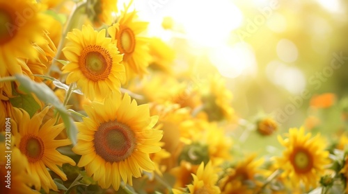A field of blooming sunflowers A beautiful sunset over big golden sunflower field in the countryside Sunflowers are growing in the evening field. Atmospheric summer wallpaper, space for text © ND STOCK