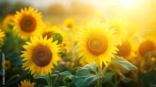 A field of blooming sunflowers A beautiful sunset over big golden sunflower field in the countryside Sunflowers are growing in the evening field. Atmospheric summer wallpaper  space for text