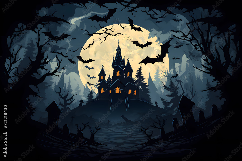 Haunted mansion with ghosts and bats in moonlight background