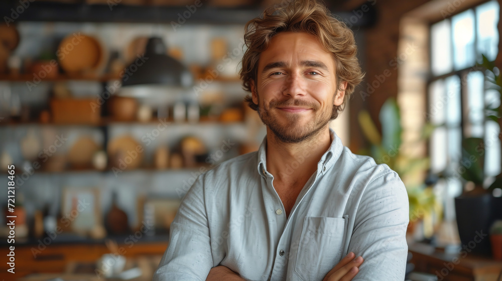 Fototapeta premium Confident handsome white male professional in office environment smiling at camera
