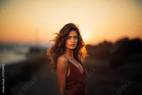 In the golden embrace of sunset, a stunning woman poses with effortless allure. Silhouetted against the warm hues, she embodies timeless elegance, creating a captivating moment of desire and dreams