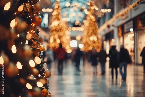 Shopping mall decorated for Christmas time. Crowd of people looking for presents and preparing for the holidays. Abstract blurred defocused image background. Christmas holiday  Generative AI
