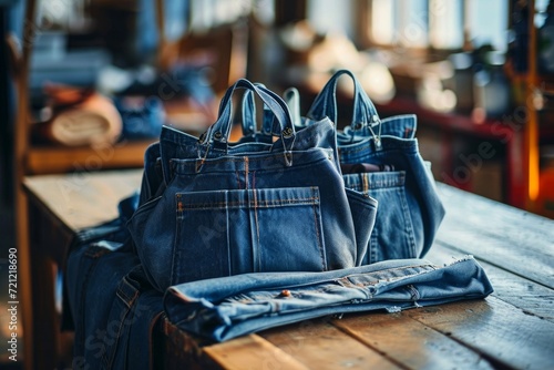 Handbags made from old jeans on a dressmaker table. DIY, denim upcycling, using old jeans, upcycle denim stuff. Sustainable lifestyle, hobby, crafting, recycling, zero waste, Generative AI