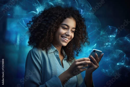 Smiling young woman surfing the net using mobile phone over blue background