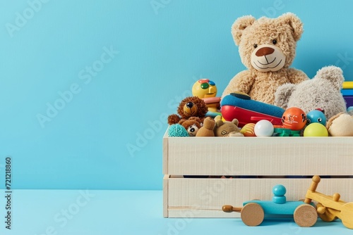 Toy box full of baby kid toys. Container with teddy bear, fluffy and educational wooden toys on light blue background. Cute toys collection for small children. Front, Generative AI