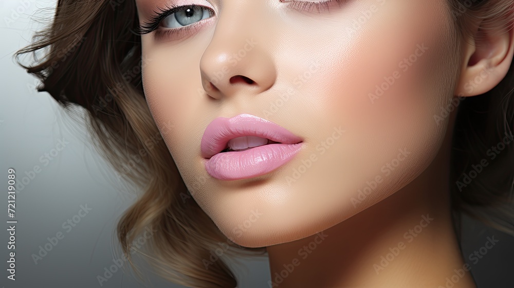 Close-up of a woman with makeup, painted lips, perfect manicure and painted nails on white background. Creative banner for beauty salon, Generative AI Close-up of a woman with makeup, painted lips, perfect manicure and painted nails on white background. Creative banner for beauty salon, Generative AI