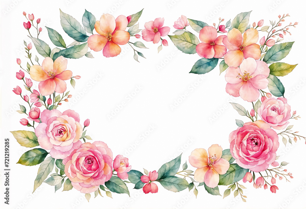 A watercolor floral frame with pink and orange flowers, and green leaves, on a white background.