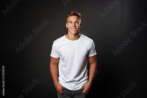 Plain white t-shirt mockup design. Portrait of young caucasian man in studio., front view.