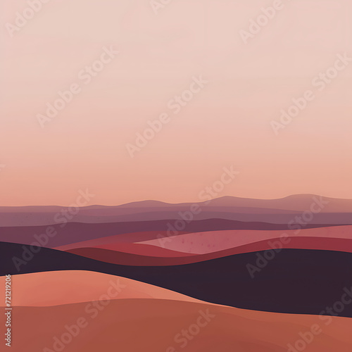 Minimalistic desert landscape at dusk in gradients of terracotta, dusky pink, and deep violet, with a grainy texture