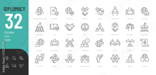 Diplomacy Line Editable Icons set. Vector illustration in modern thin line style of dialogue related icons: summit, diplomatic, politics, and more. Isolated on white