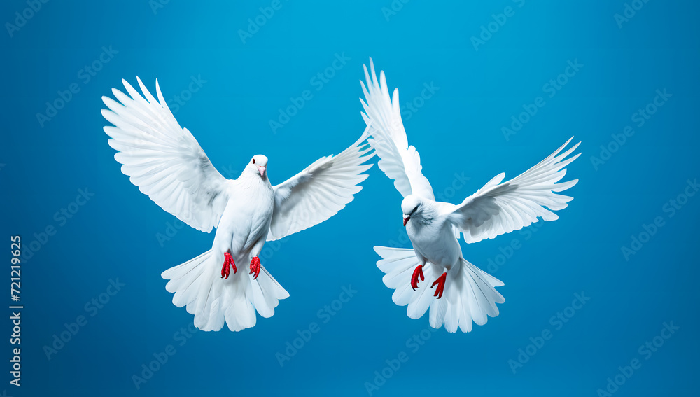 Fototapeta premium Two white doves flying on blue background with copy space. Love and peace concept