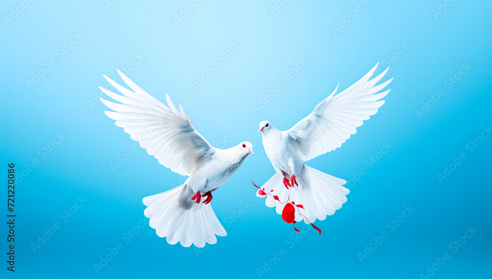 Obraz premium Two white doves flying on blue background with copy space. Love and peace concept