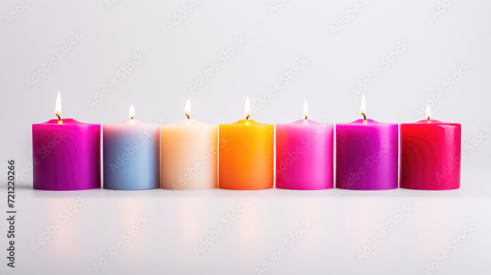 Row of lit candles each of a different color on a soft grey background Row of lit candles each of a different color on a soft grey background