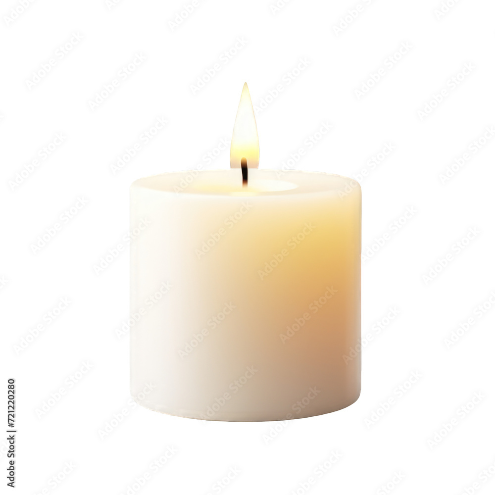 Lit white wide wax candle isolated on a cut out PNG transparent background Lit white wide wax candle isolated on a cut out PNG transparent background