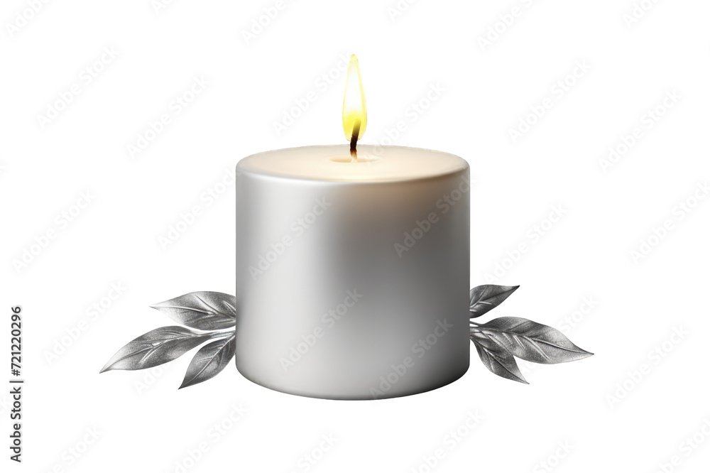 Wide silver wax candle lit with silver leaves isolated on a clipped PNG transparent background