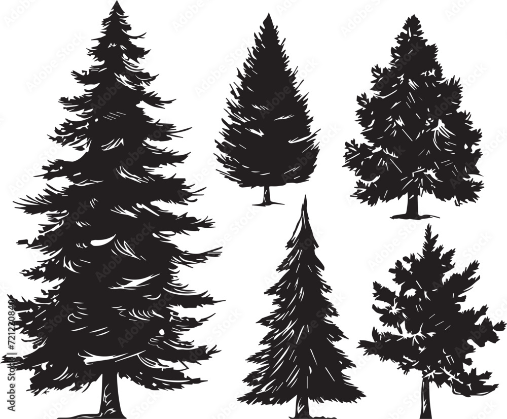Fototapeta premium A set of Christmas trees. Hand drawn vector illustration 