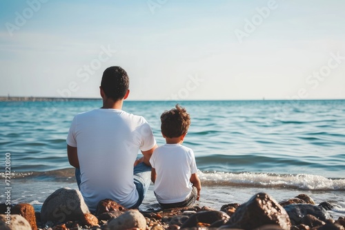 Young father with his son wearing white t-shirt sitting on shore of sea or ocean. Rear view. Mock up template for t-shirt design print, Generative AI
