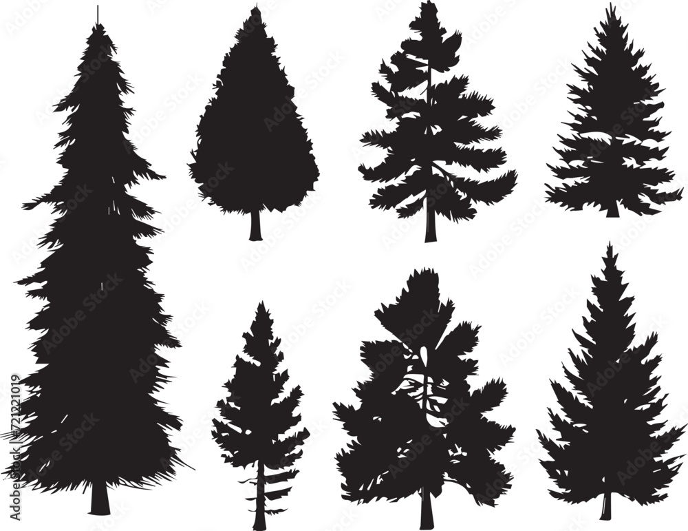 Obraz premium A set of Christmas trees. Hand drawn vector illustration