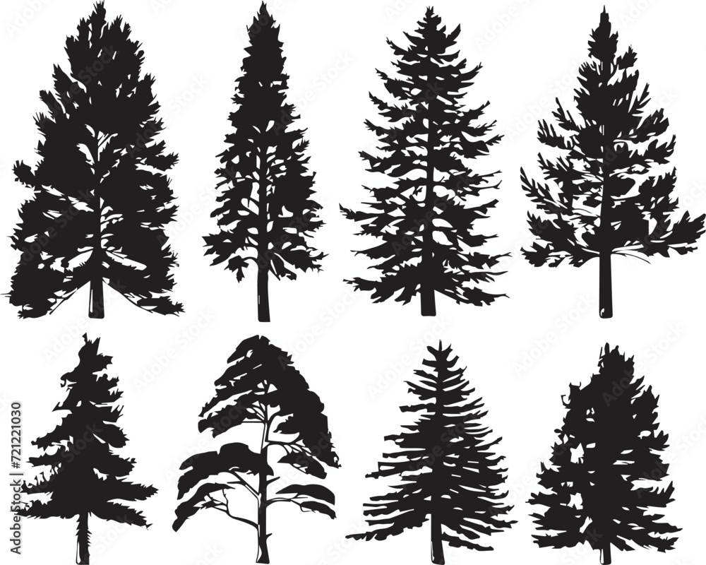 A set of Christmas trees. Hand drawn vector illustration	