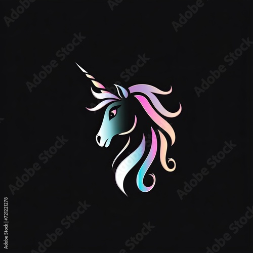 A mystical unicorn logo, with a spiraled horn and flowing mane, in pastel rainbow colors against a black background © RDO