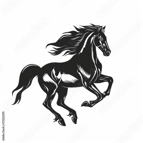 A powerful stallion logo  mid-gallop  designed in a glossy black hue against a white background