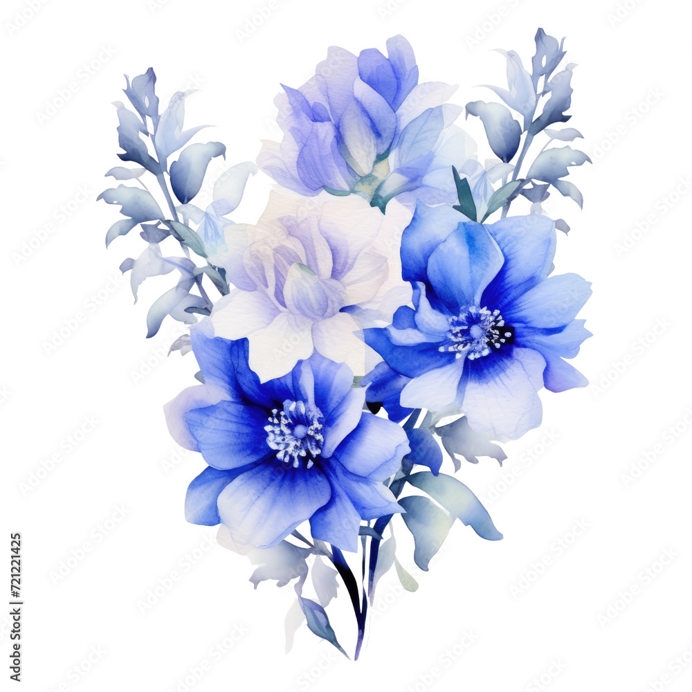 Watercolor a simple delphinium floral bouquet png, elegant wedding arrangement, blue blossom on transparent background