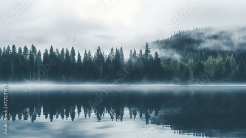 Misty Lake - Tranquil lake shrouded in morning mist, with pine forests and mountains in the background.